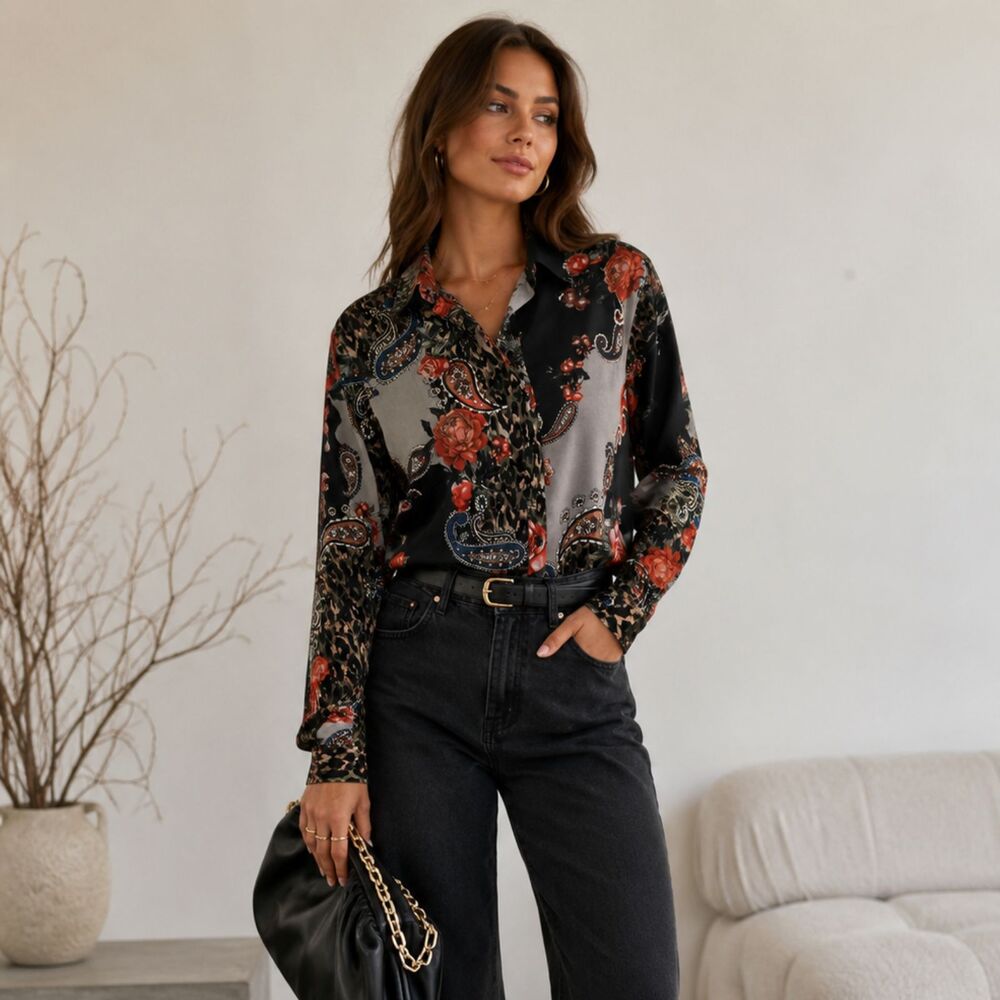 Tolani Collection Mixed Print Boho Blouse Medium